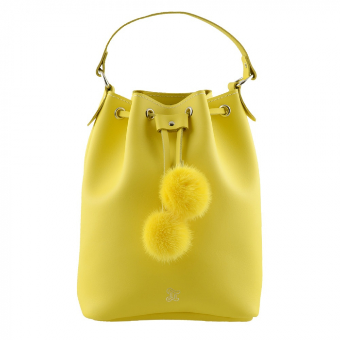 Grafea格瑞菲Cherie Bucket100%皮革绒球水桶包-黄色