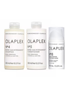 Olaplex 热门组合套装 4号硬核修护洗发水250ml+5号硬核修护护发素250ml+8号密集补水修复发膜100ml